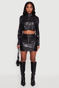 Belted Mini Faux Leather Skirt with Zip Front