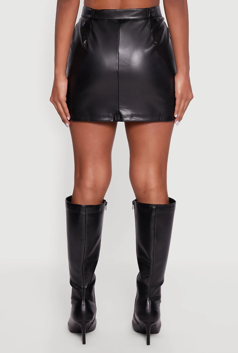 Womens Belted Mini Faux Leather Skirt with Zip Front, Black, Size M