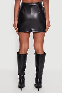 Womens Belted Mini Faux Leather Skirt with Zip Front, Black, Size M