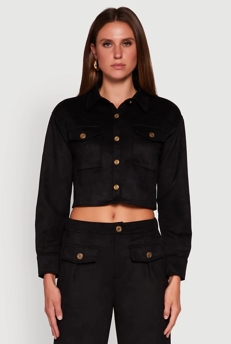 Womens Faux Suede Button Front Cropped Shirt,
