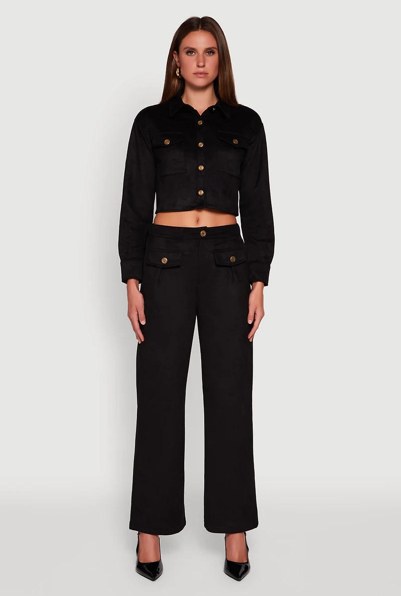 Womens Faux Suede Button Front Cropped Shirt,