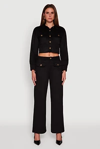 Womens Faux Suede Button Front Cropped Shirt,