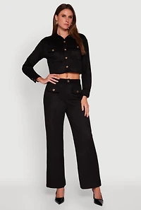 Womens Faux Suede Button Front Cropped Shirt,