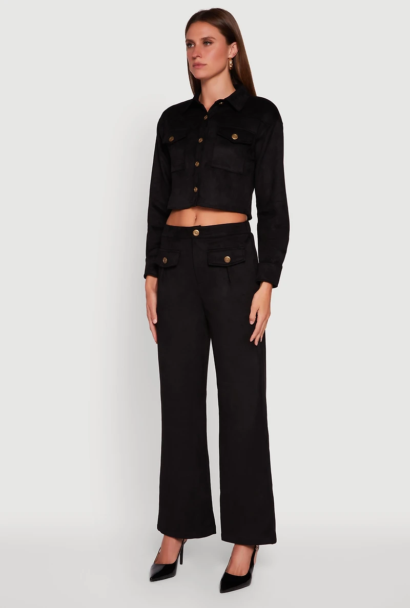 Womens Faux Suede Button Front Cropped Shirt,
