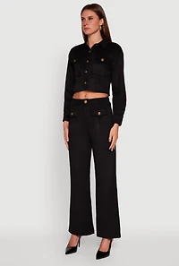 Womens Faux Suede Button Front Cropped Shirt,
