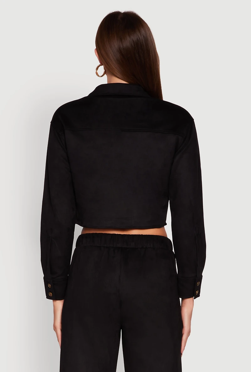 Womens Faux Suede Button Front Cropped Shirt,