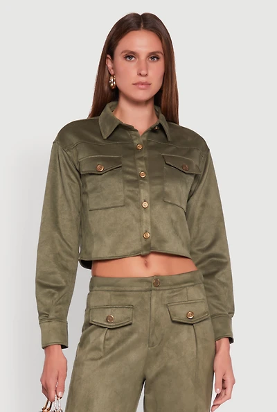 Womens Faux Suede Button Front Cropped Shirt, Green, Size M