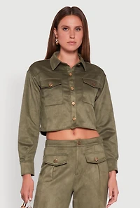 Womens Faux Suede Button Front Cropped Shirt, Green, Size M