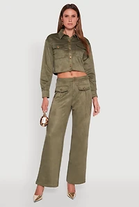Womens Faux Suede Button Front Cropped Shirt, Green, Size M