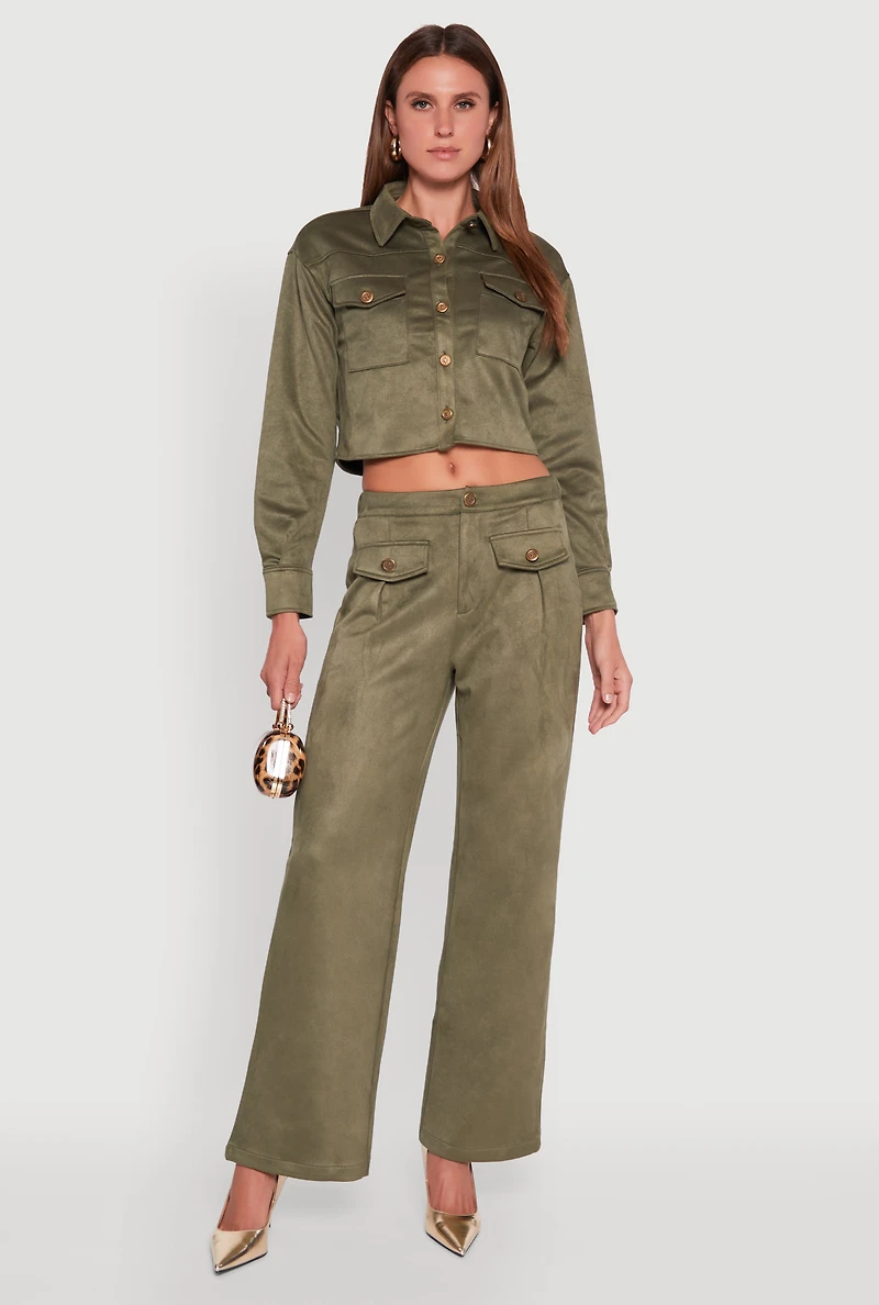 Womens Faux Suede Button Front Cropped Shirt, Green, Size S