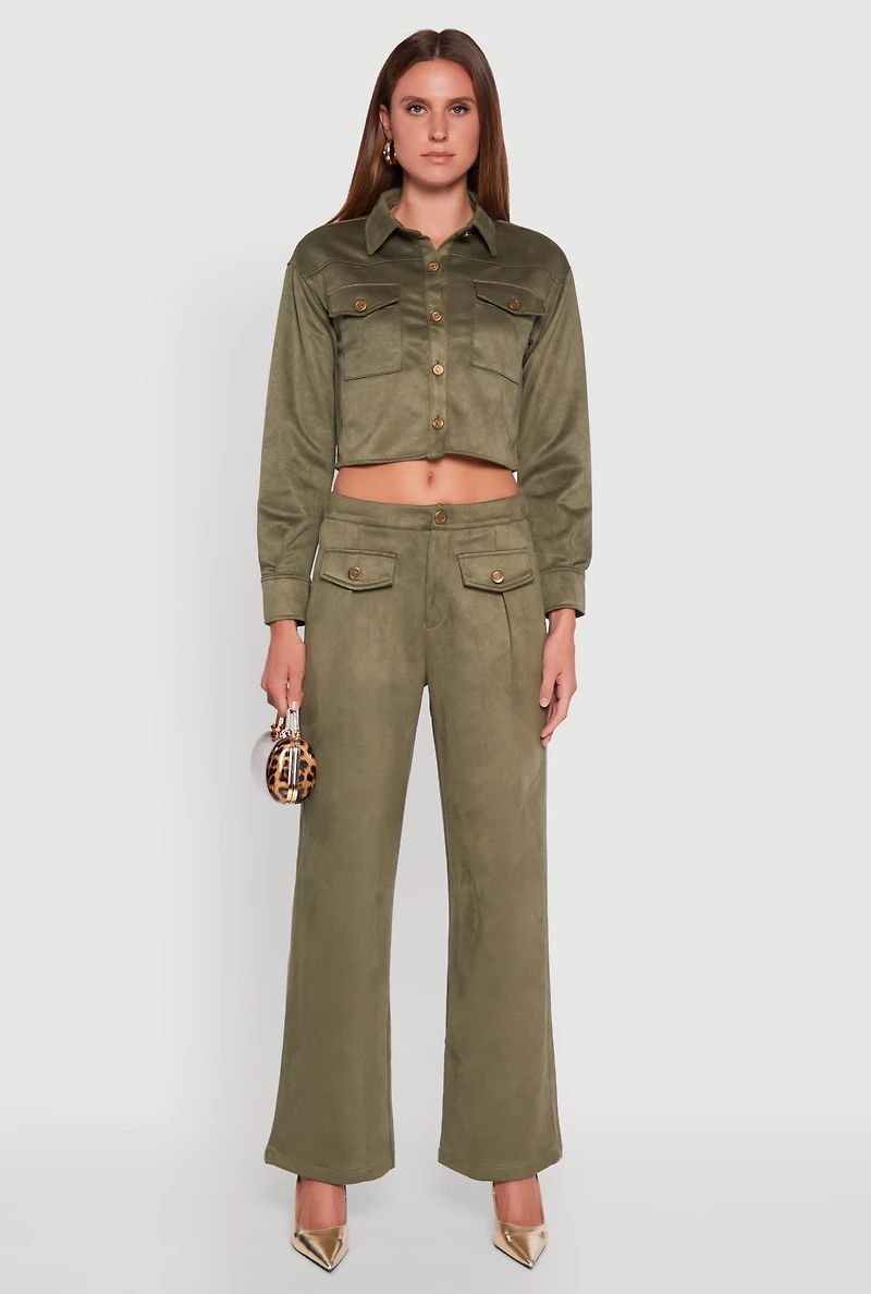 Womens Faux Suede Button Front Cropped Shirt, Green, Size S