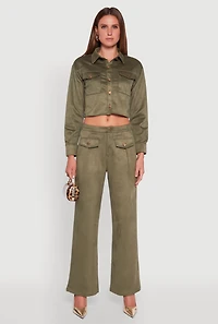 Womens Faux Suede Button Front Cropped Shirt, Green, Size S