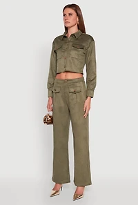 Womens Faux Suede Button Front Cropped Shirt, Green, Size M