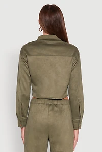Womens Faux Suede Button Front Cropped Shirt, Green, Size S