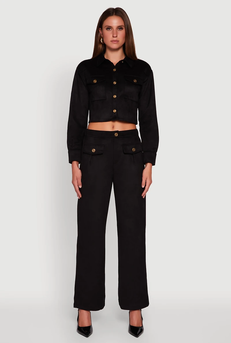 Womens Faux Suede Pocket Detail Pants, Black, Size L