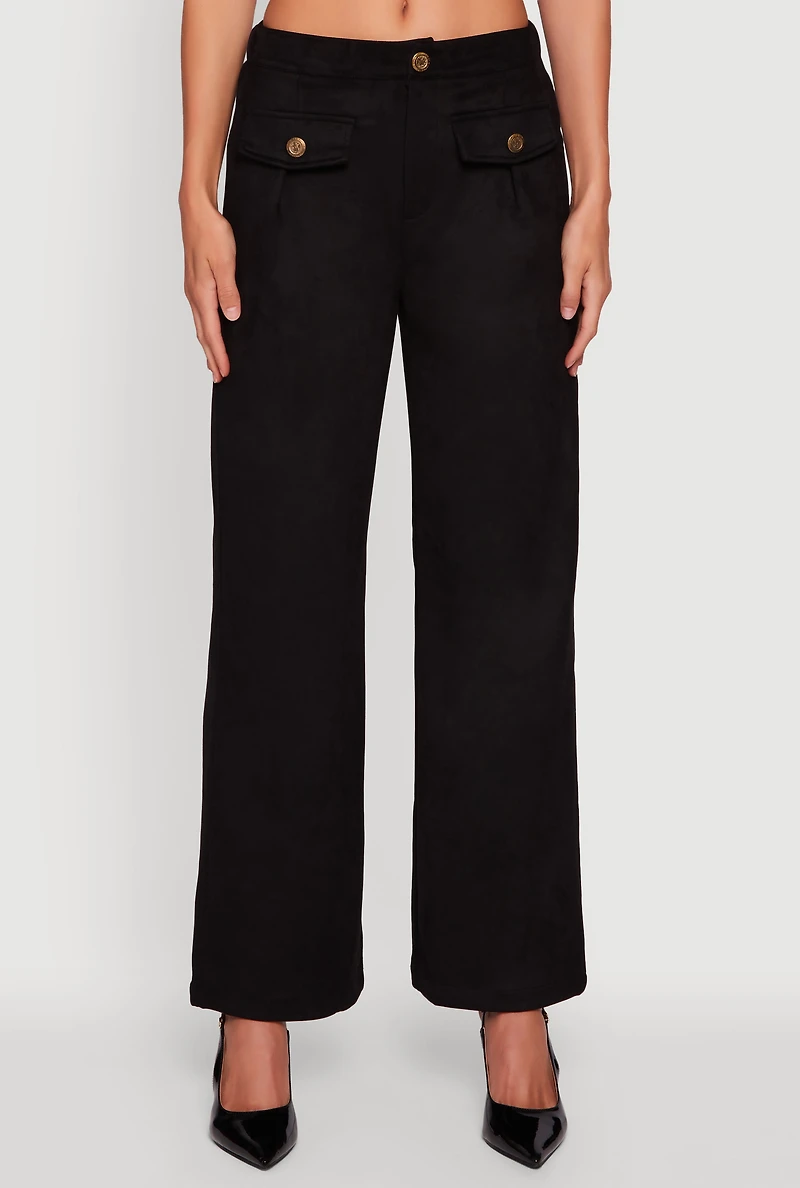 Womens Faux Suede Pocket Detail Pants, Black, Size L