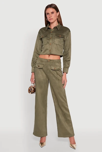Womens Faux Suede Pocket Detail Pants, Green, Size M