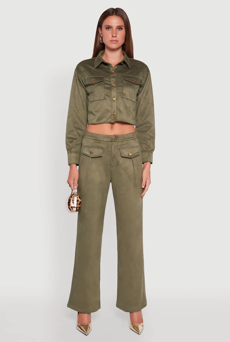 Womens Faux Suede Pocket Detail Pants, Green, Size S