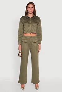 Womens Faux Suede Pocket Detail Pants, Green, Size S