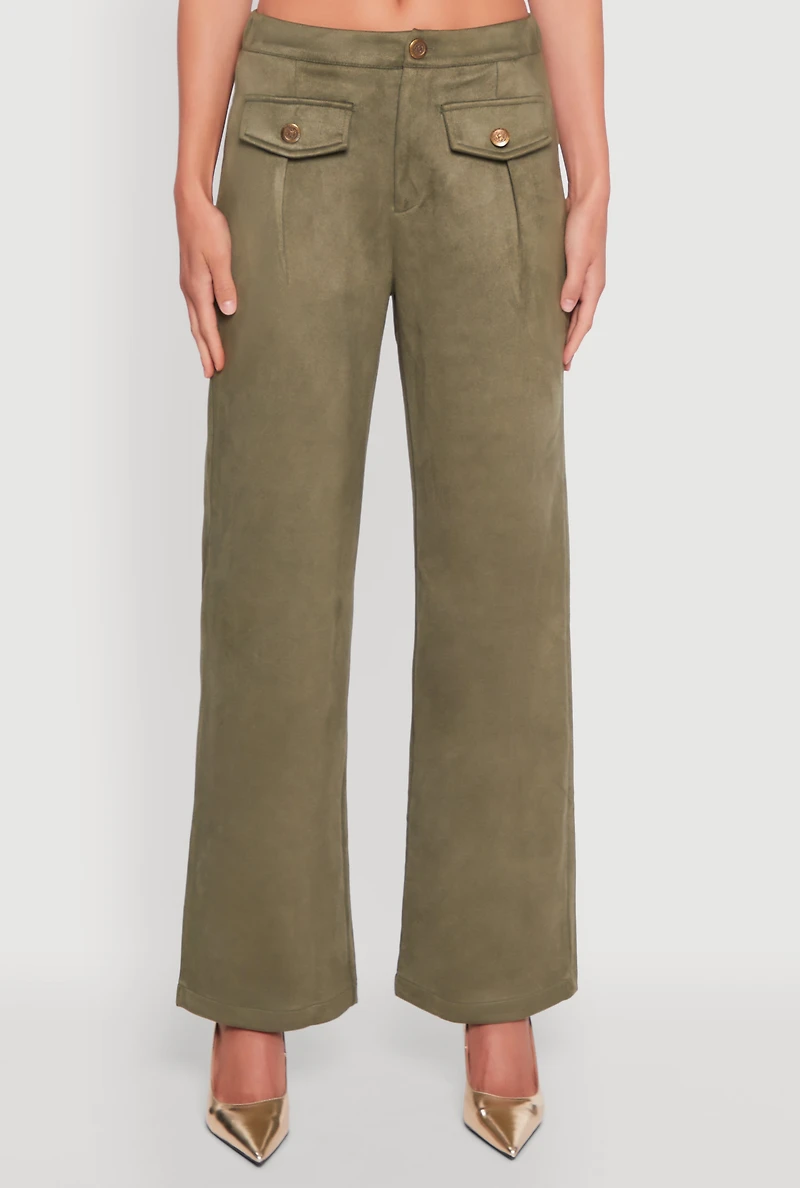 Womens Faux Suede Pocket Detail Pants, Green, Size S