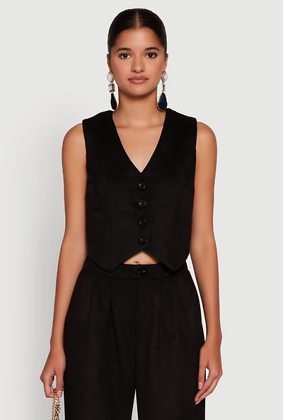 Womens Faux Suede Button Front Vest, Black, Size M