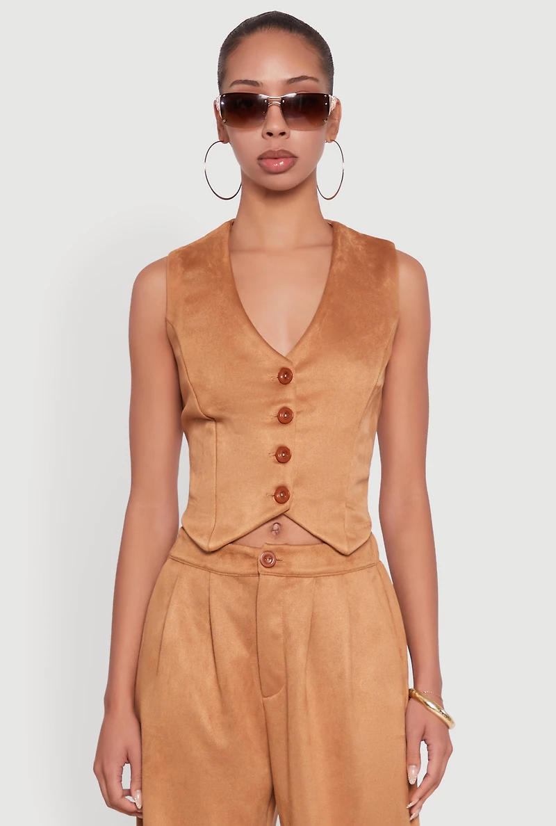 Womens Faux Suede Button Front Vest,
