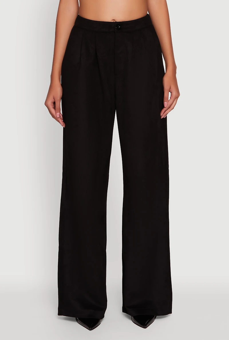 Womens Faux Suede High Waist Pleated Dress Pants, Black, Size S