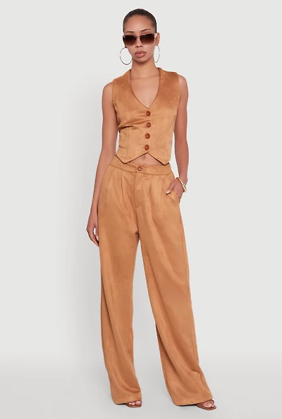 Womens Faux Suede High Waist Pleated Dress Pants, Khaki, Size M