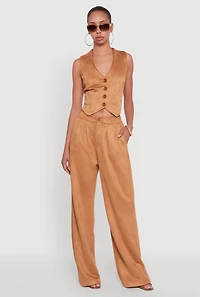 Womens Faux Suede High Waist Pleated Dress Pants, Brown,