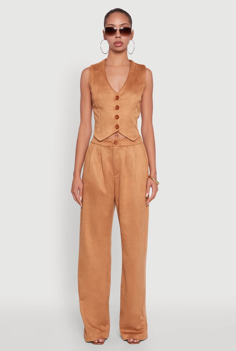 Womens Faux Suede High Waist Pleated Dress Pants, Khaki, Size M