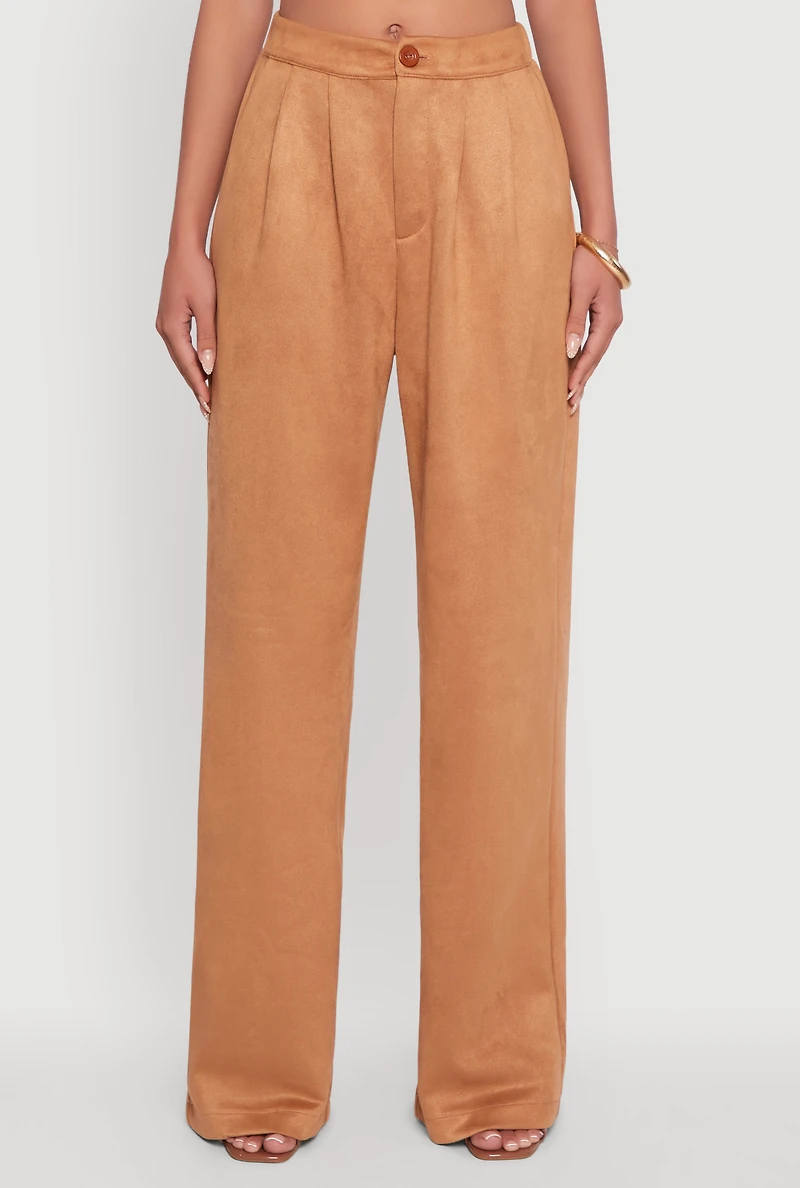 Womens Faux Suede High Waist Pleated Dress Pants, Khaki, Size M