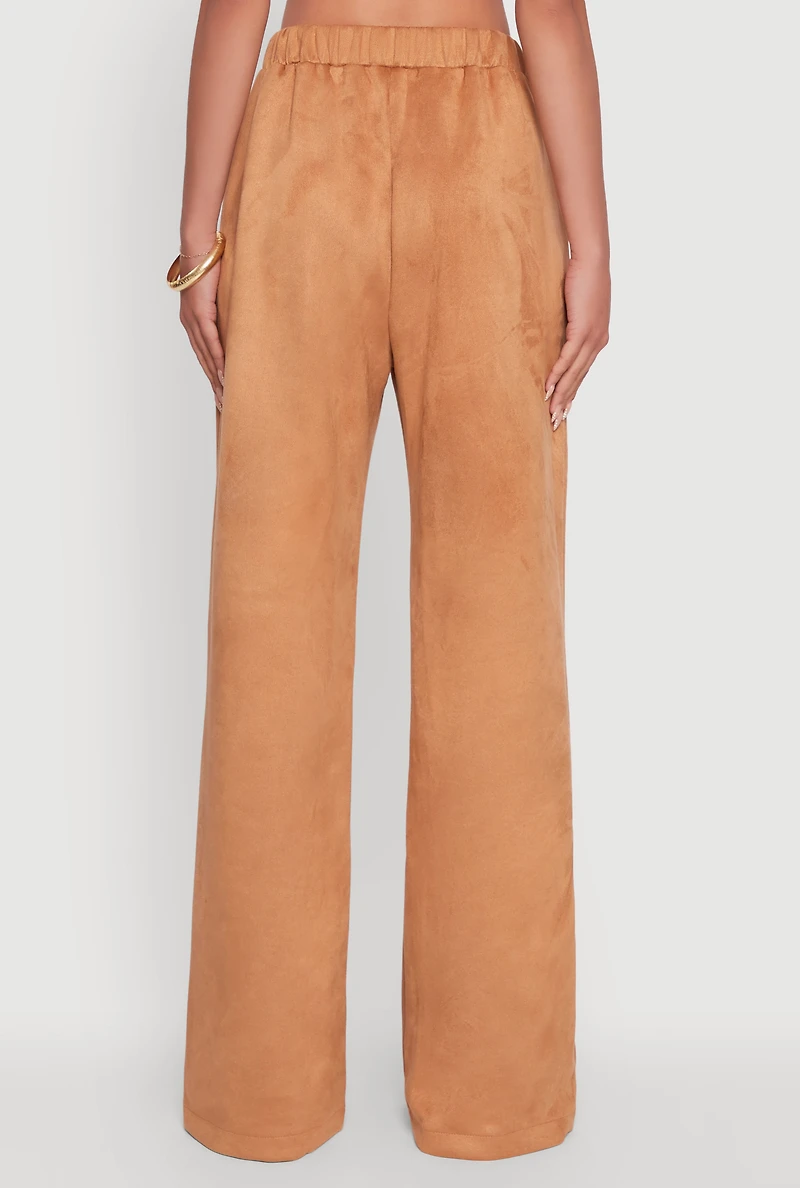 Womens Faux Suede High Waist Pleated Dress Pants, Khaki, Size M