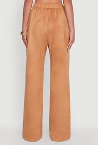 Womens Faux Suede High Waist Pleated Dress Pants, Brown,