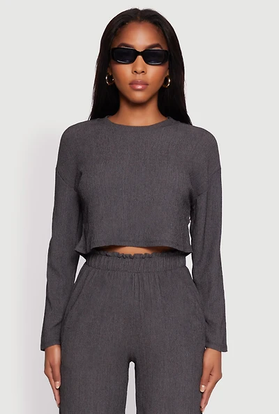 Womens Textured Knit Solid Long Sleeve Crop Top, Grey, Size S
