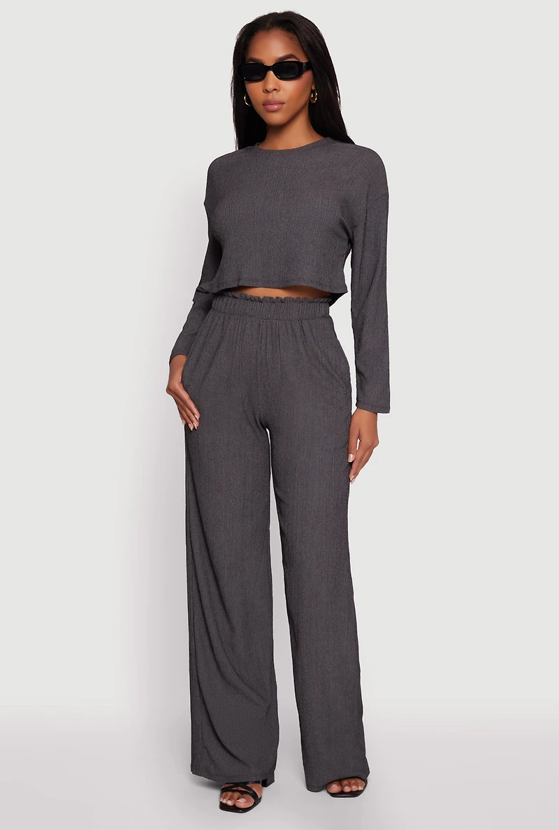 Womens Textured Knit Solid Long Sleeve Crop Top, Grey, Size S