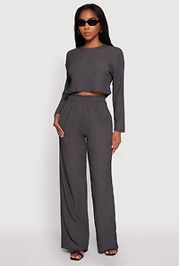 Womens Textured Knit Solid Long Sleeve Crop Top, Grey, Size S