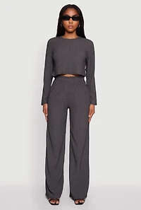 Womens Textured Knit Solid Long Sleeve Crop Top, Grey, Size S