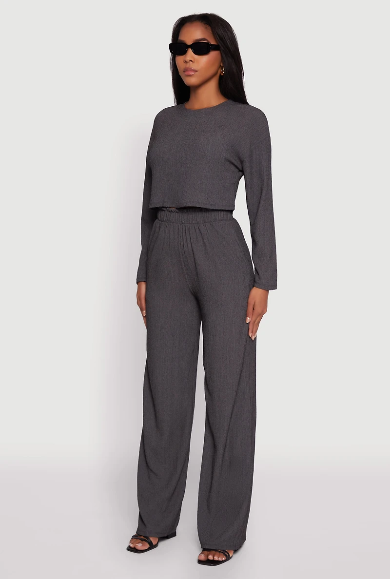 Womens Textured Knit Solid Long Sleeve Crop Top, Grey, Size S