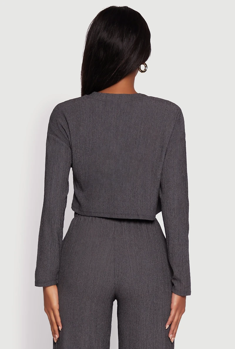 Womens Textured Knit Solid Long Sleeve Crop Top, Grey, Size S