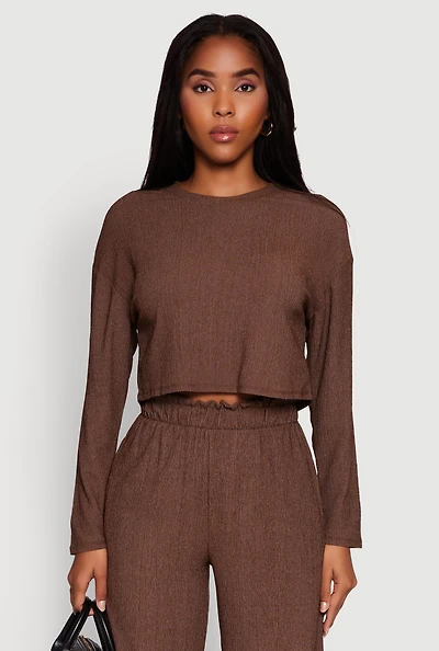 Womens Textured Knit Solid Long Sleeve Crop Top,