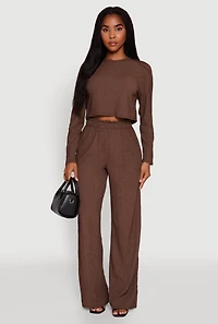 Womens Textured Knit Solid Long Sleeve Crop Top, Brown, Size XL