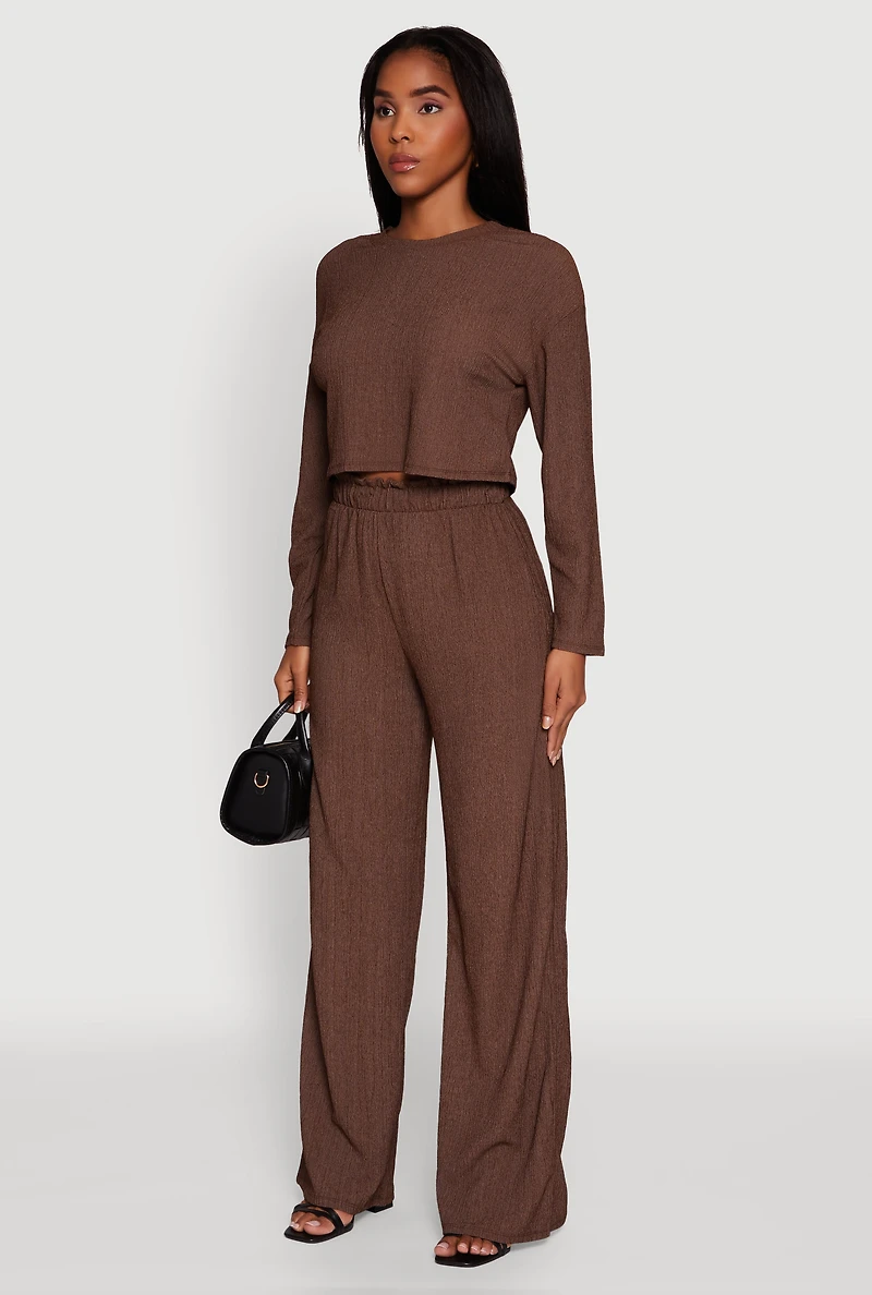 Womens Textured Knit Solid Long Sleeve Crop Top,
