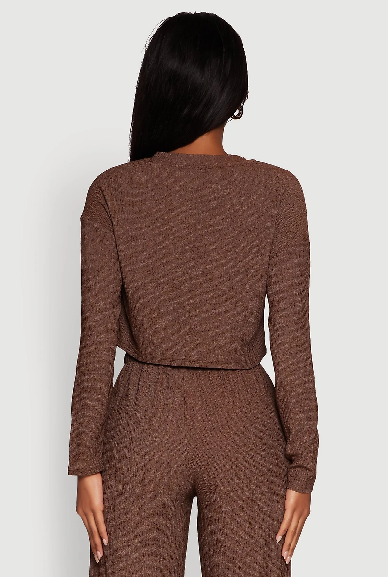 Womens Textured Knit Solid Long Sleeve Crop Top, Brown, Size XL