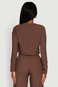 Womens Textured Knit Solid Long Sleeve Crop Top, Brown, Size XL