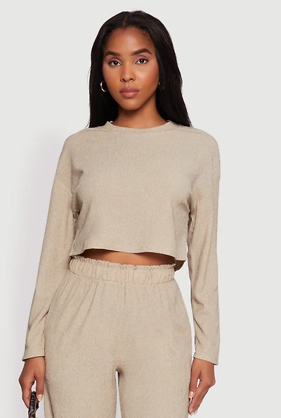 Womens Textured Knit Solid Long Sleeve Crop Top, L