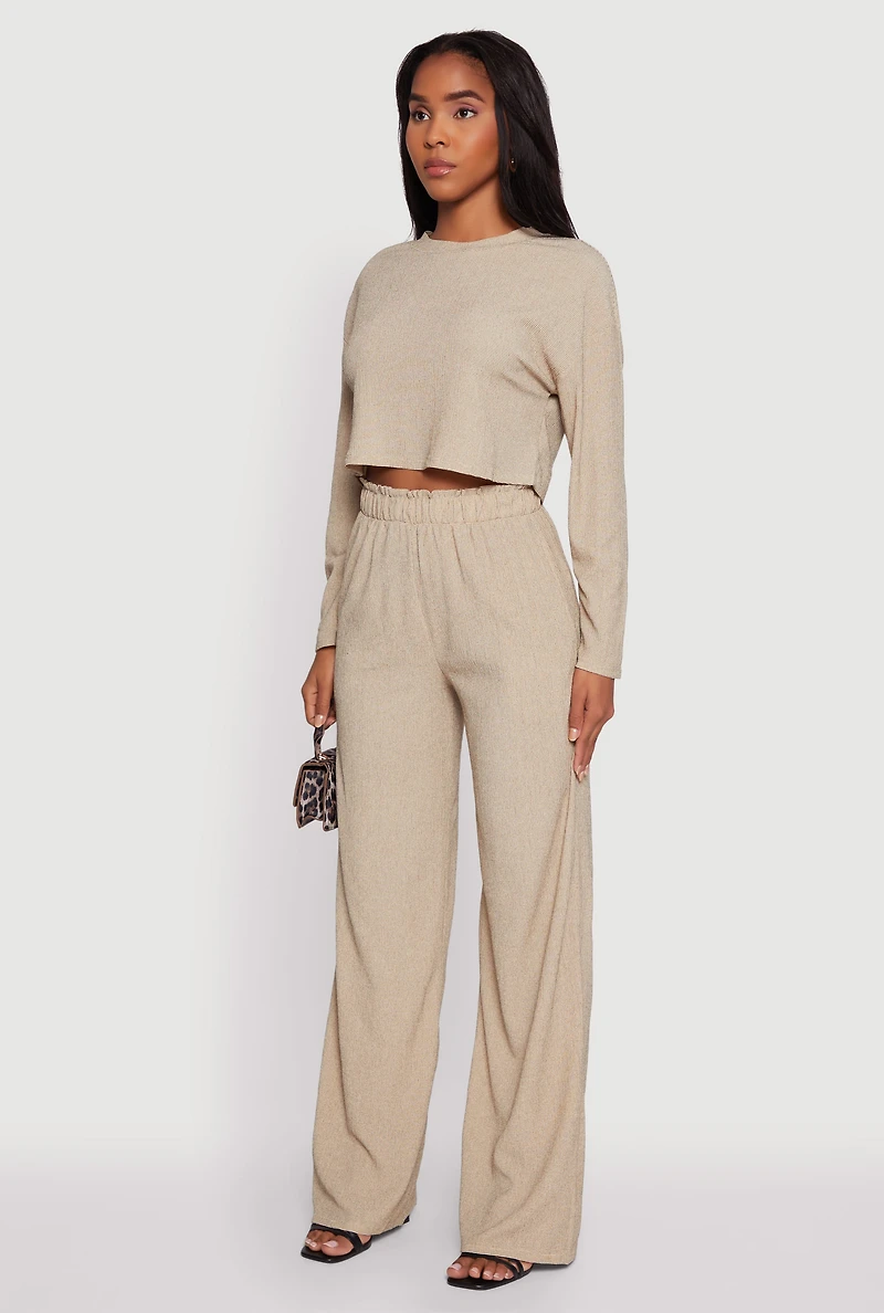 Womens Textured Knit Solid Long Sleeve Crop Top, L