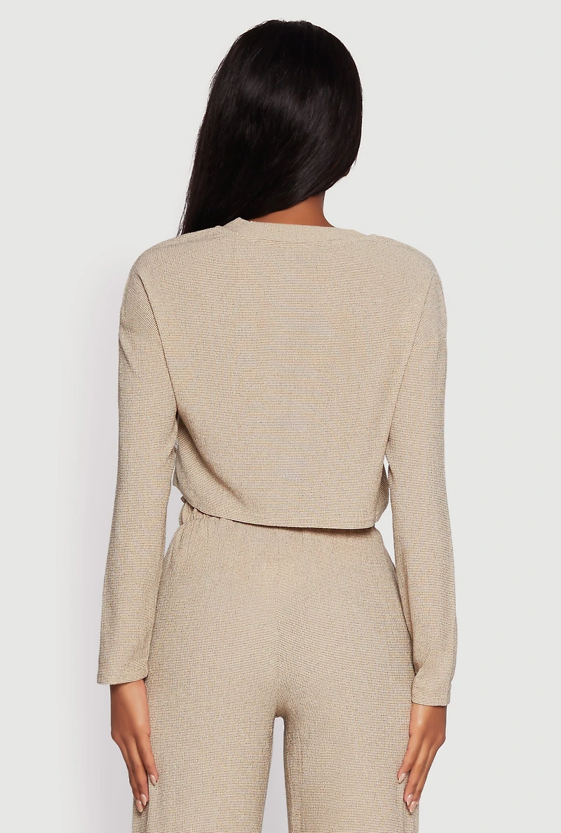 Womens Textured Knit Solid Long Sleeve Crop Top, L