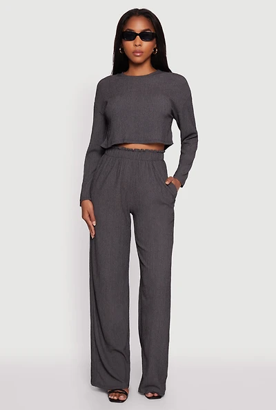 Womens Textured Knit Paper Bag Waist Wide Leg Pants, Grey, Size M