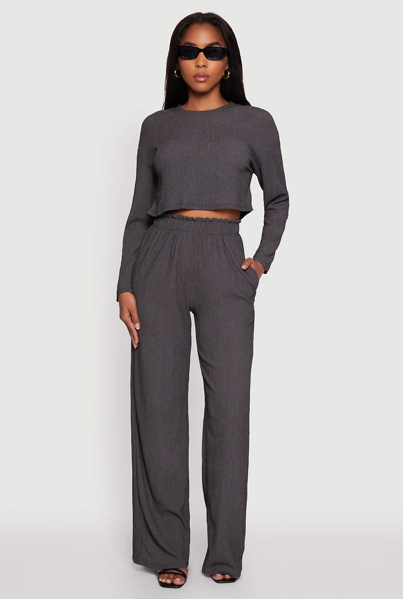 Womens Textured Knit Paper Bag Waist Wide Leg Pants, Grey,