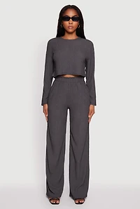 Womens Textured Knit Paper Bag Waist Wide Leg Pants, Grey,